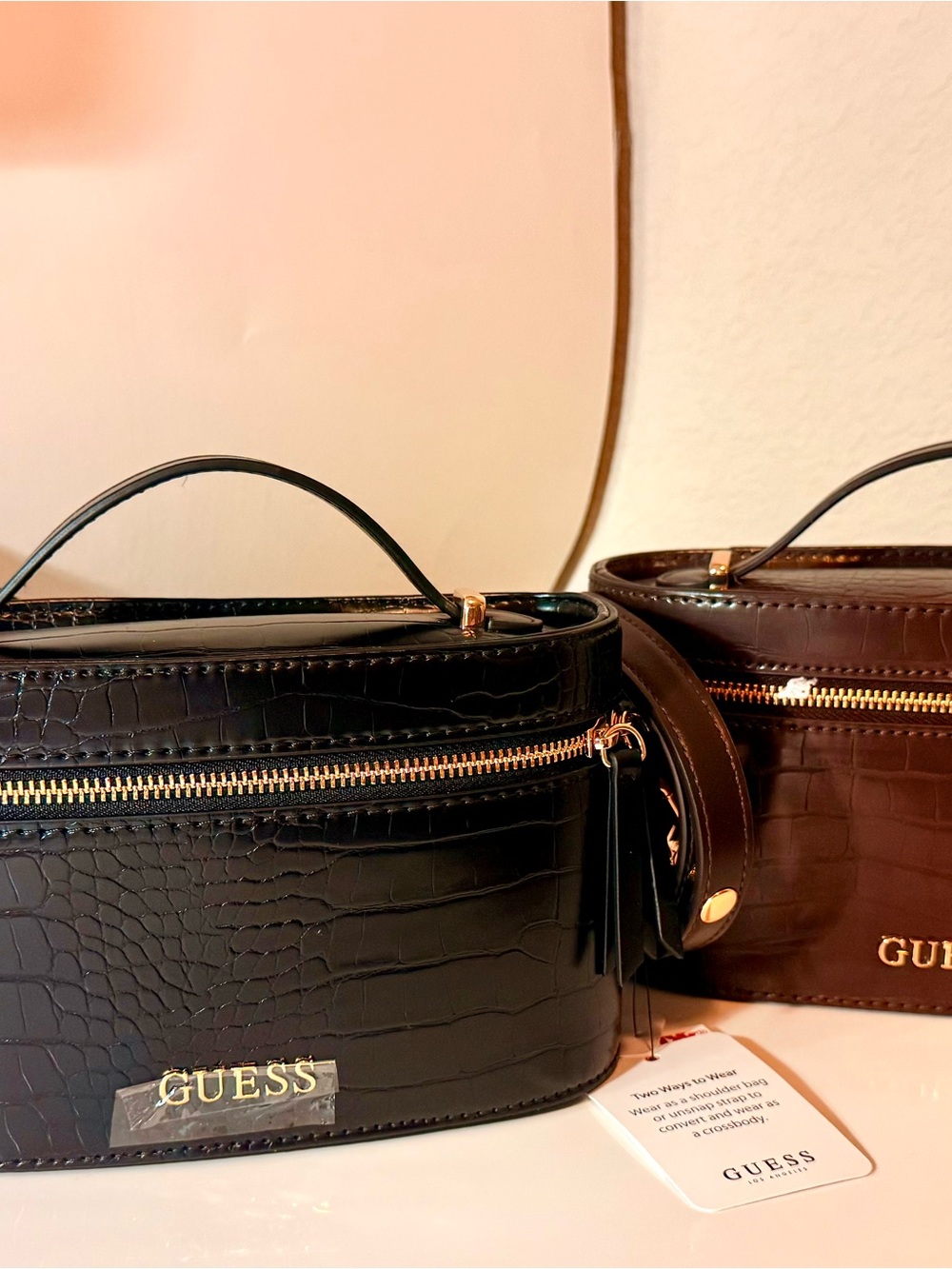GUESS Black Croc-Embossed Mini Top Handle Bag with Gold Hardware